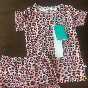 Posh Peanut Pink Leopard Ruffle Sleeve Pajama Set with Teal & Gold Spots